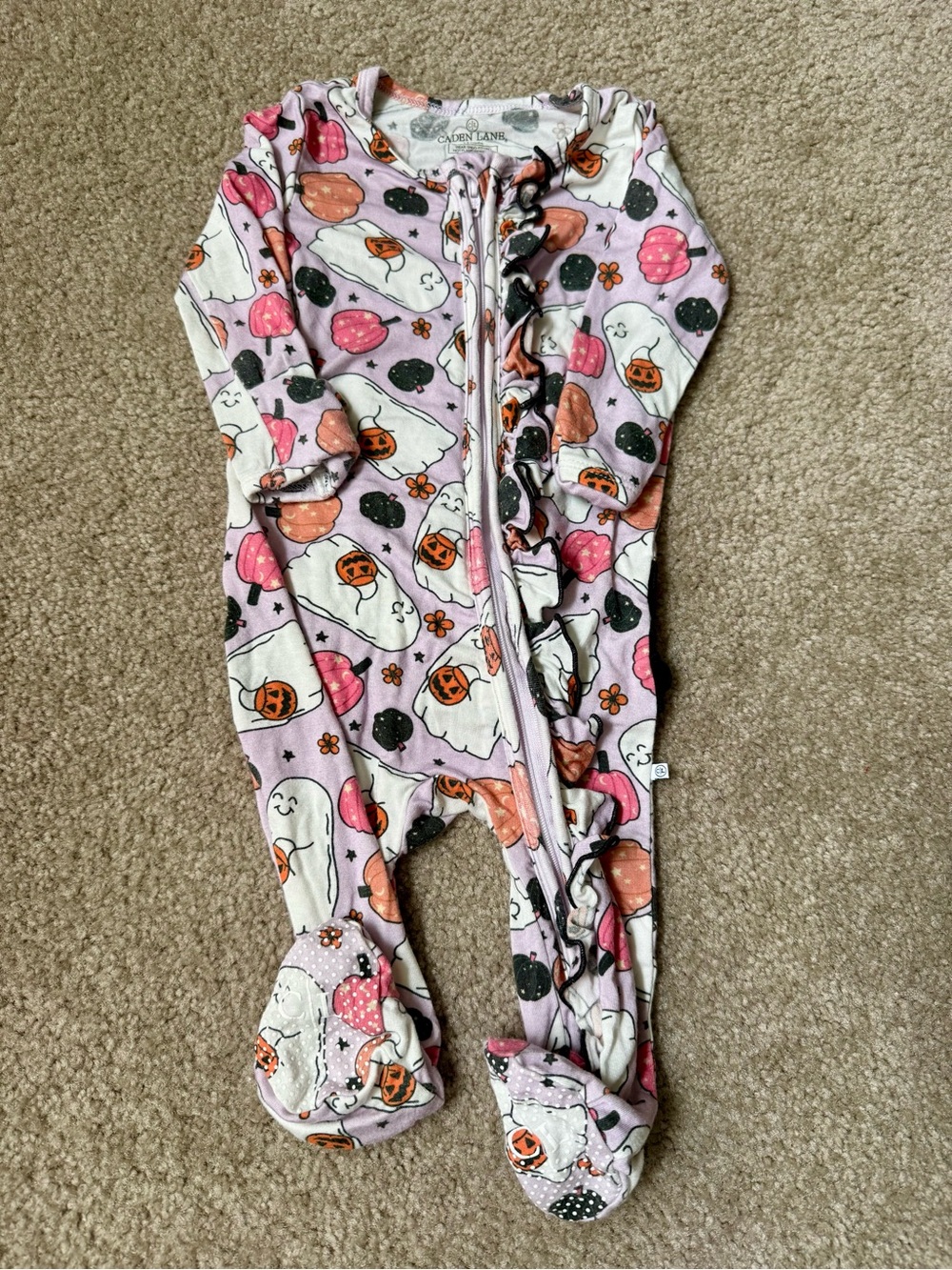 Caden Lane Halloween Ruffle Onesie with feet. Size 3-6 Months.